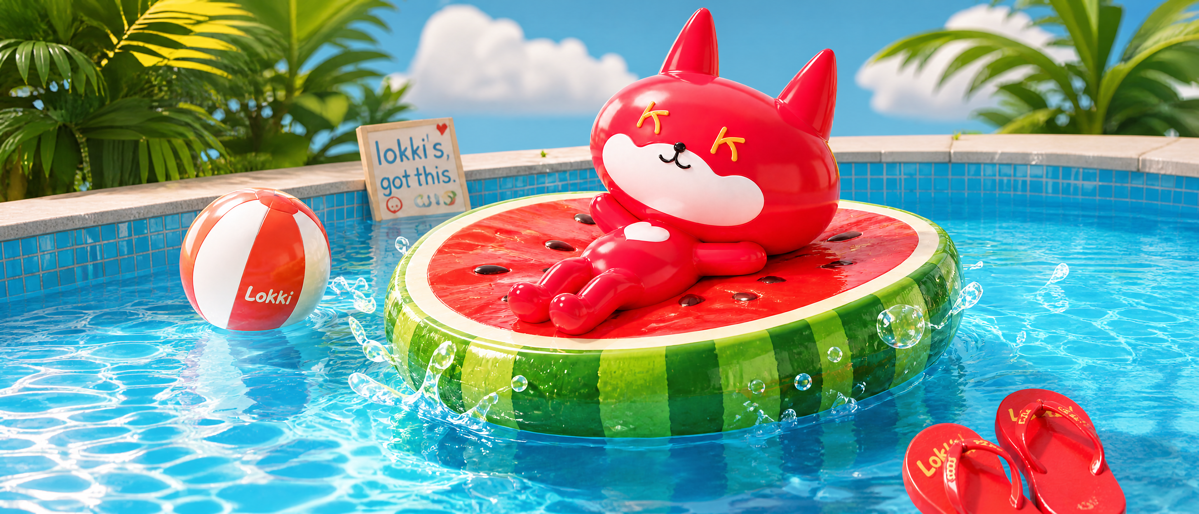Lokki character relaxing on a watermelon float in a tropical pool