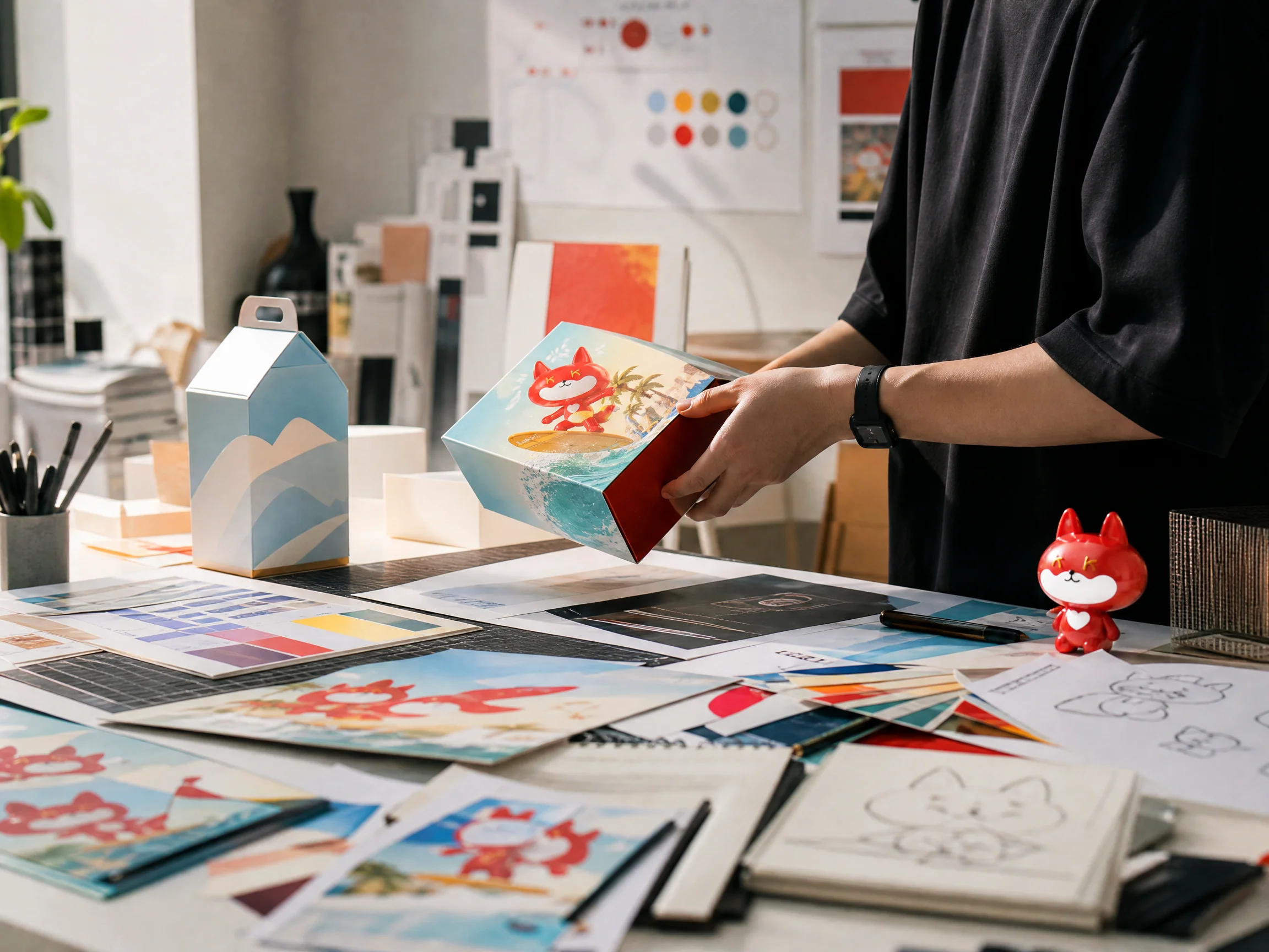 An independent designer reviewing premium packaging prototypes in the studio, with a LOKKI character object nearby.